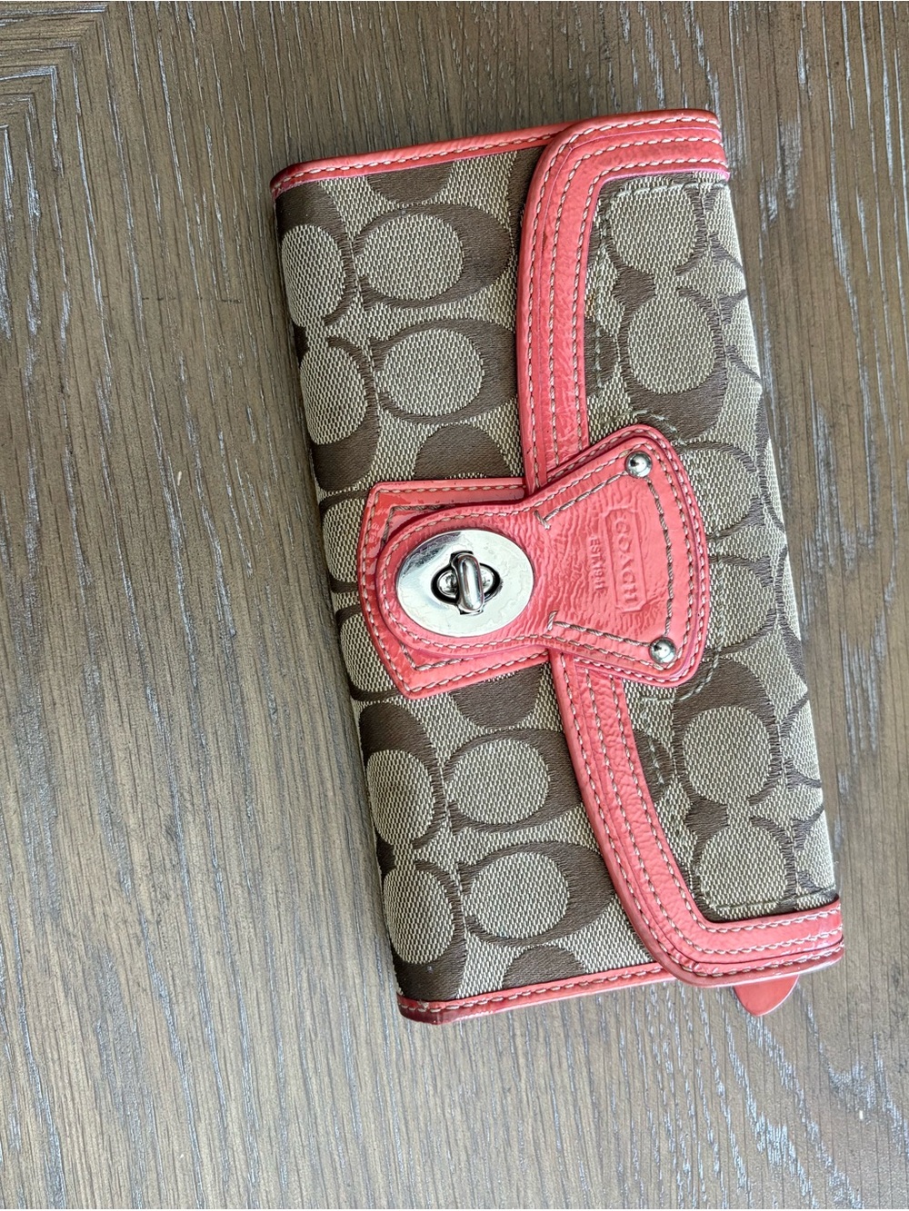 Coach Brown Signature Canvas Wallet with Coral Trim - Picture 1 of 4